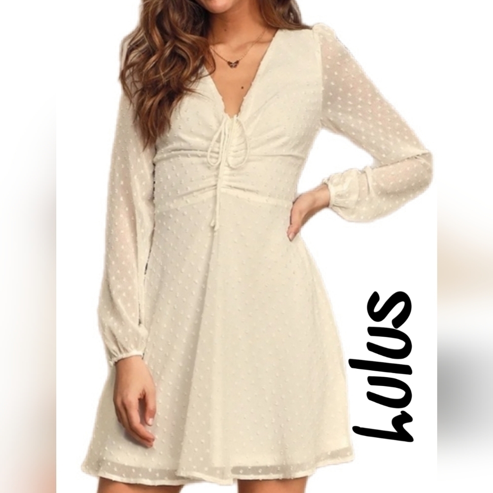 Lulus Womens Wine & Dine White Swiss Dot Mini Dress Sz XS Long Sleeve